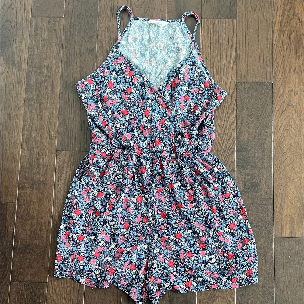 Market & Spruce Navy Floral Romper with Pink & Blue Accents